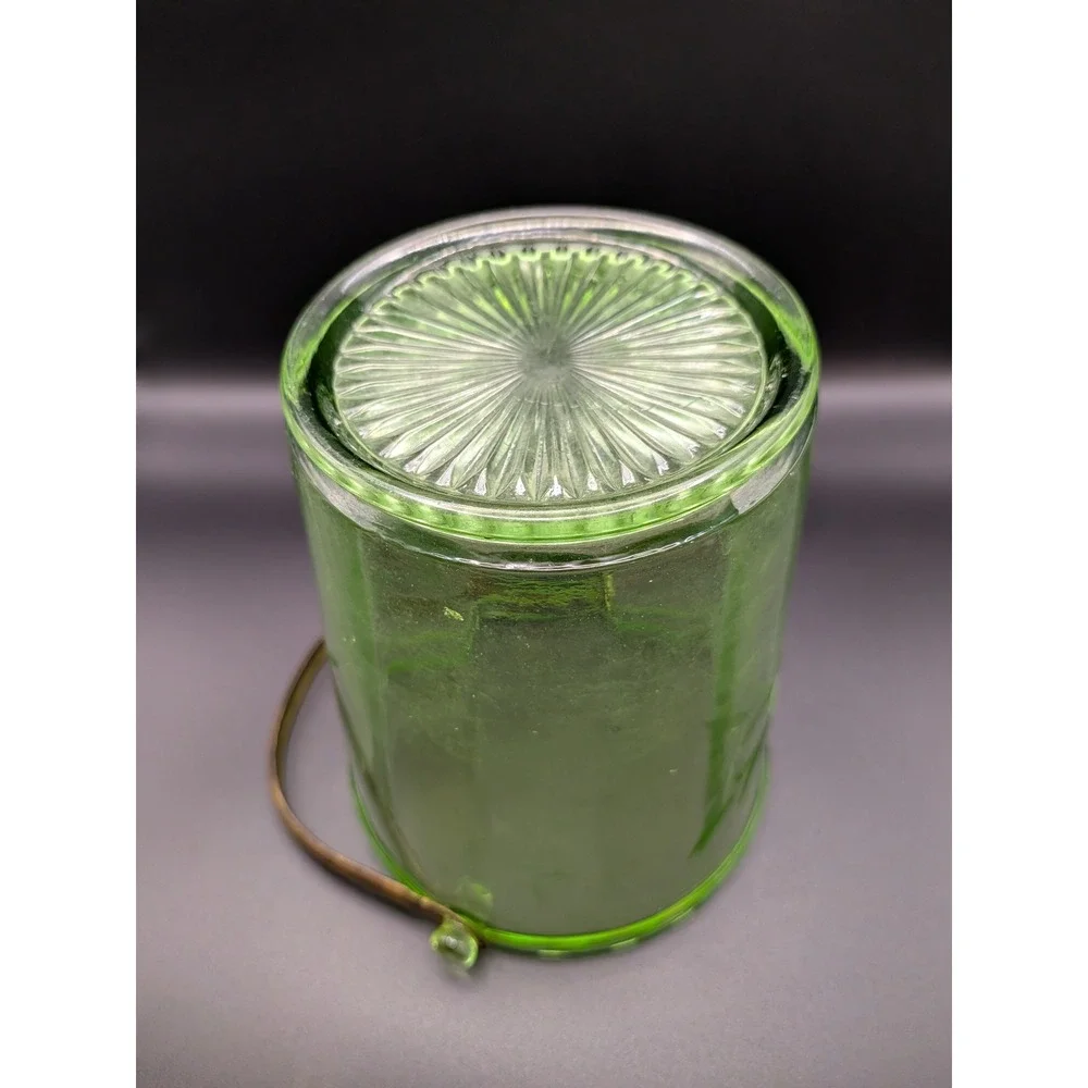 Green Depression Glass Etched Green Ice Bucket with Bras Handle